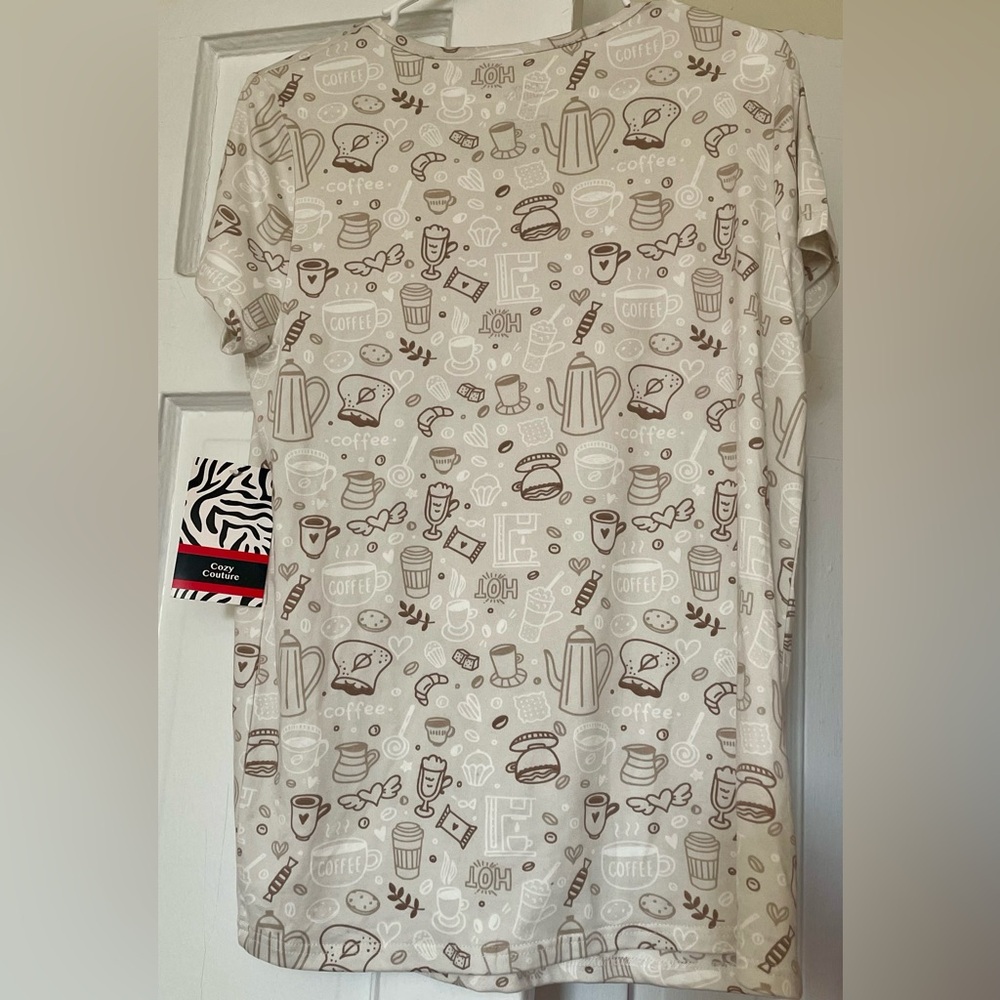 BNWT!Unbranded Sample,”Coffee Talk"😻☕️short sleeve,V neck capris,PJs,pale coffee - Picture 3 of 10